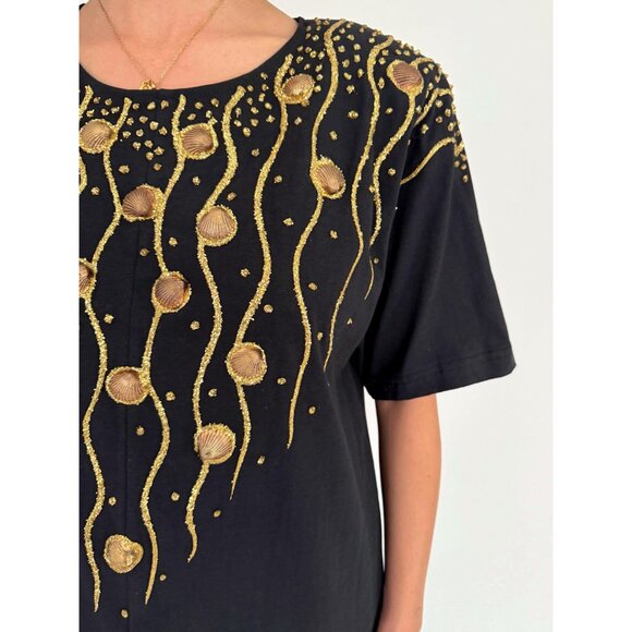 80s black embellished hand painted glitter seashell cotton pant jumpsuit romper - Picture 8 of 10